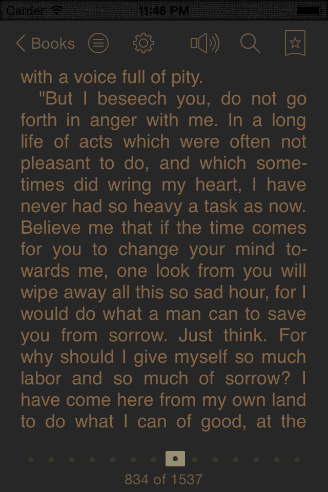 TotalReader for iPhone - The BEST eBook reader for epub, fb2, pdf, djvu, mobi, rtf, txt, chm, cbz, cbr - Reading interface of TotalReader for iPhone in sepia dark mode