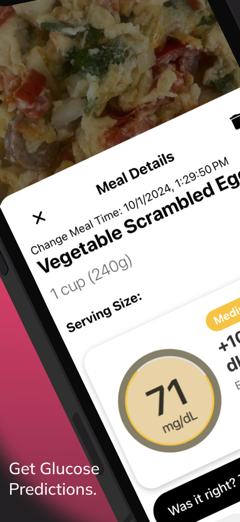 Gluco AI app interface displaying a blood sugar prediction for a vegetable scrambled eggs meal.