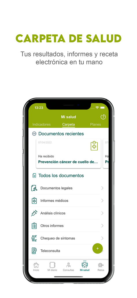 DKV Quiero cuidarme Más - DKV mobile app health folder screen showing organized sections for medical reports and clinical tests