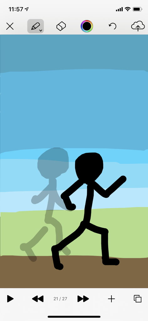 Mobile drawing interface of AnimeMaker Pro showing a running stick figure animation with onion skinning