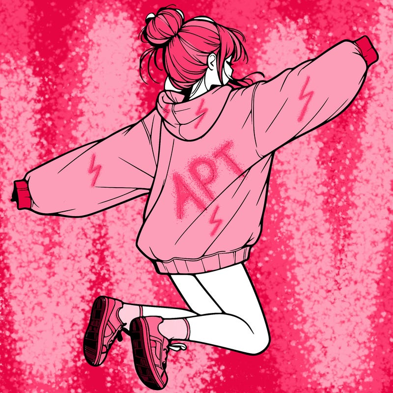 realistic girl jumping with a bun and oversized sweatshirt
