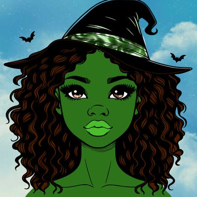 realistic black girl with wavy hair and witch hat and nose and lips