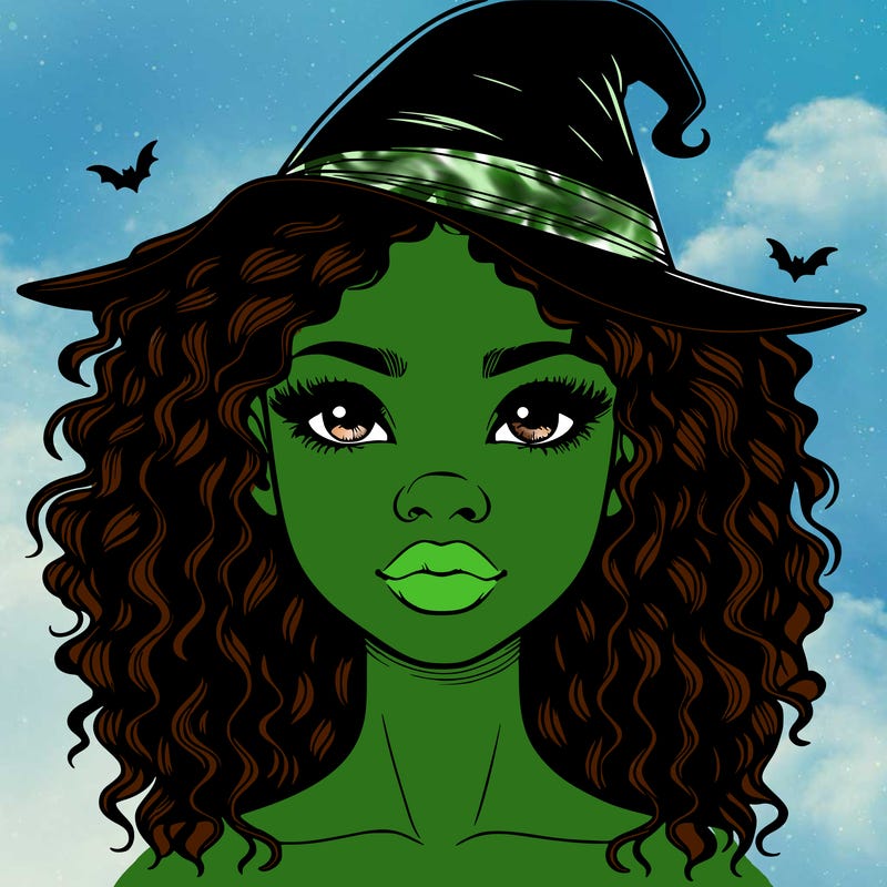 realistic black girl with wavy hair and witch hat and nose and lips