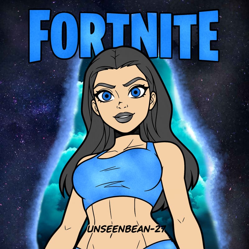 the word fortnite with a picture of the kim kardashion skin and in smaller letters unseenbean-27