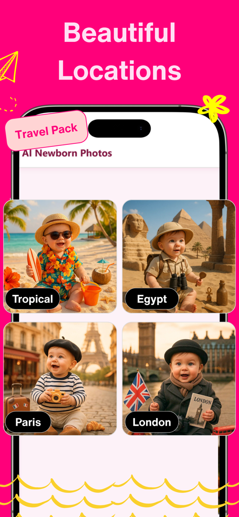 Newborn Baby AI Photo: NewPic - AI generated newborn baby photos in different travel locations including Paris and Egypt