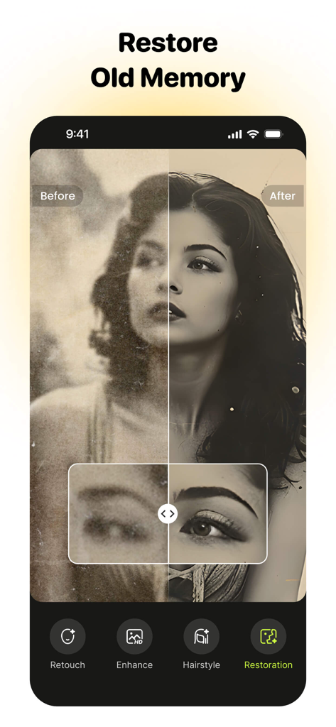 PhotoCat - Enhancer & Cleaner - Comparación de antes y después mostrando una foto antigua restaurada con IA usando la aplicación PhotoCat.