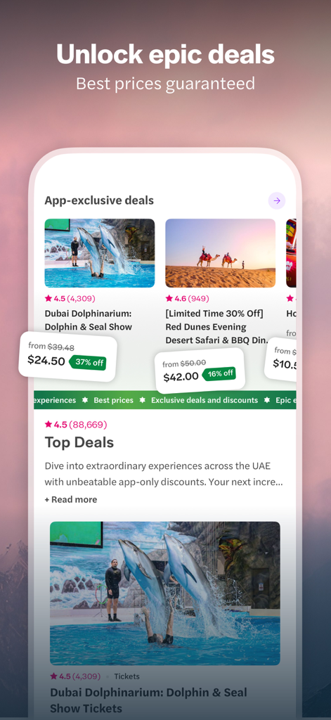 Headout app interface showing exclusive travel deals and discounted ticket prices for attractions like dolphin shows and desert safaris.