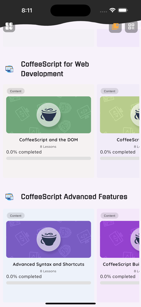 Learn CoffeeScript - Mobile app interface showing CoffeeScript course modules for web development and advanced features