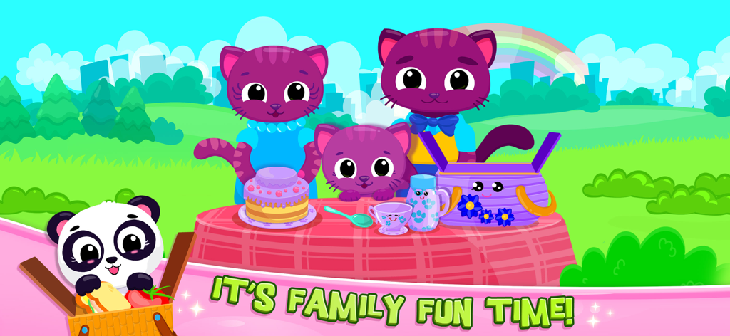 Cat family having a picnic with a panda in the Cute and Tiny World app