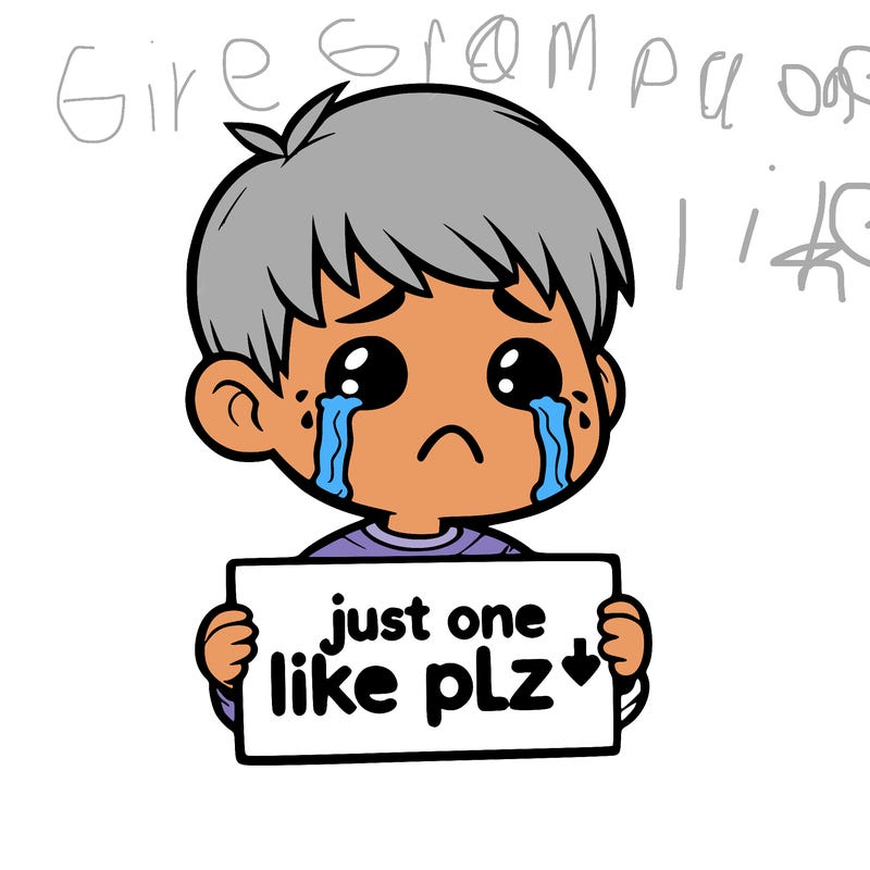 realistic crying boy with a sign saying just one like plz