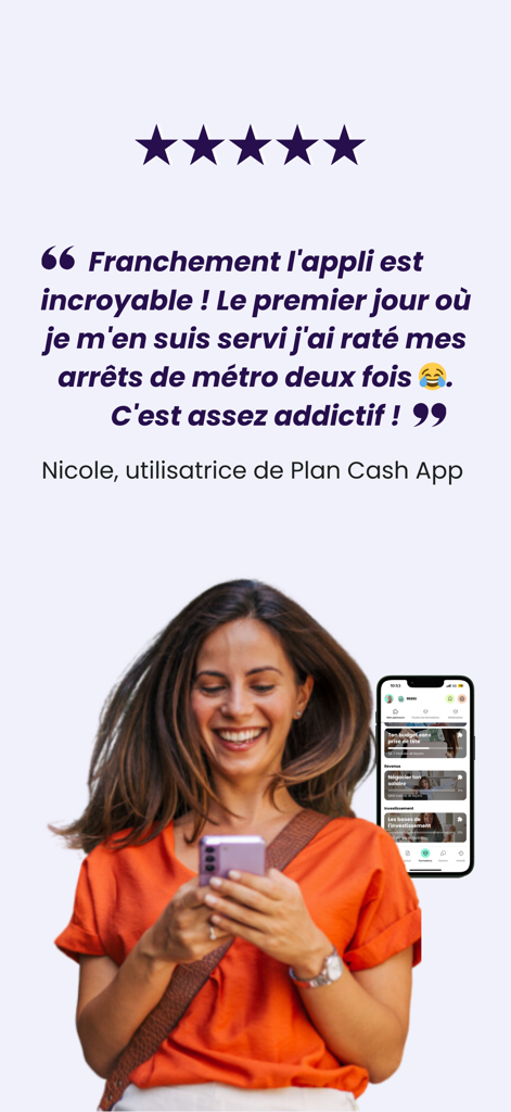 Smiling woman holding a phone next to a five star user review for the Plan Cash app