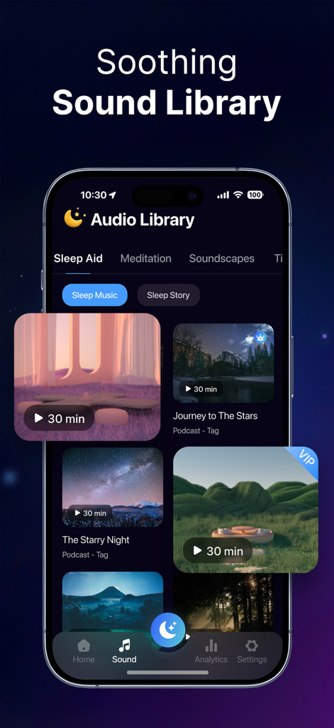 Snoozy: Sleep Sounds & Tracker - Snoozy app interface displaying a soothing sound library with sleep music and meditation tracks