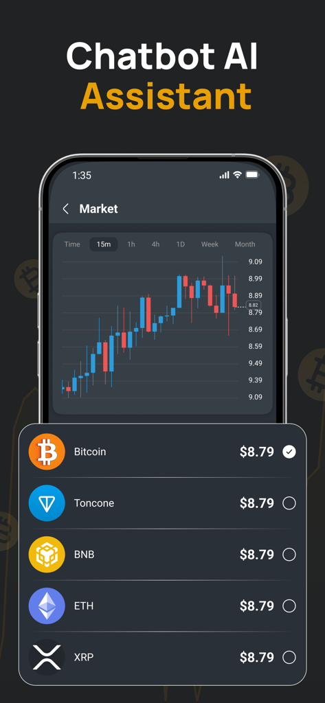 Chart AI: Data Stock Analysis - Screenshot of Chart AI app showing a cryptocurrency candlestick chart and asset selection menu for Bitcoin and Ethereum