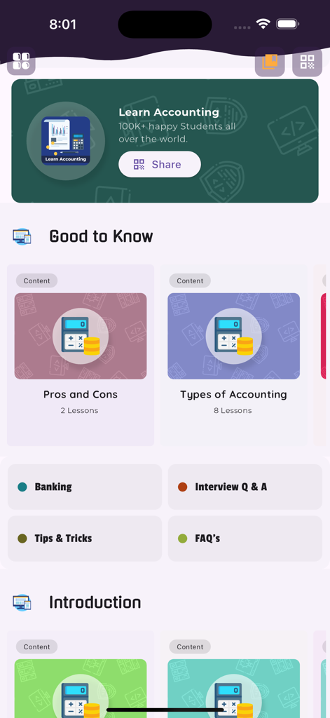 Main dashboard of the Learn Financial Accounting PRO mobile app showing lessons for accounting types and interview preparation.