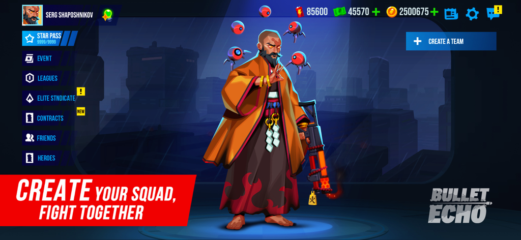 Bullet Echo game menu featuring a hero character in an orange robe holding a rifle with floating drones