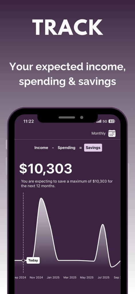 Bonfire: Budgeting - Interface of the Bonfire app showing a chart for tracking expected income, spending, and yearly savings.