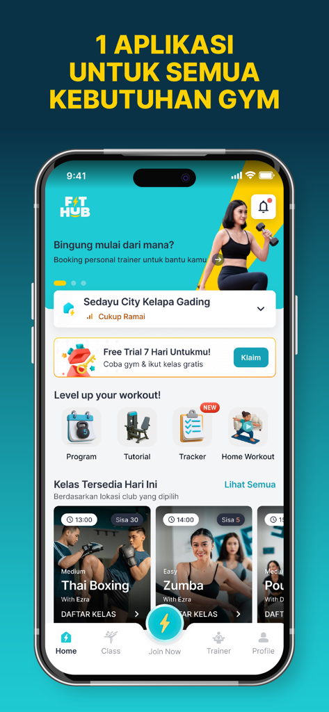 FIT HUB | Gym & Fitness App - Panel de la aplicación móvil FIT HUB que muestra reservas de clases de gimnasio, programas de entrenamiento y oferta de prueba gratuita.