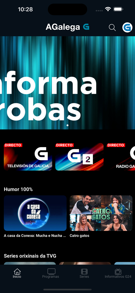 AGalega - AGalega app home screen showing live Galician TV channels and comedy programs