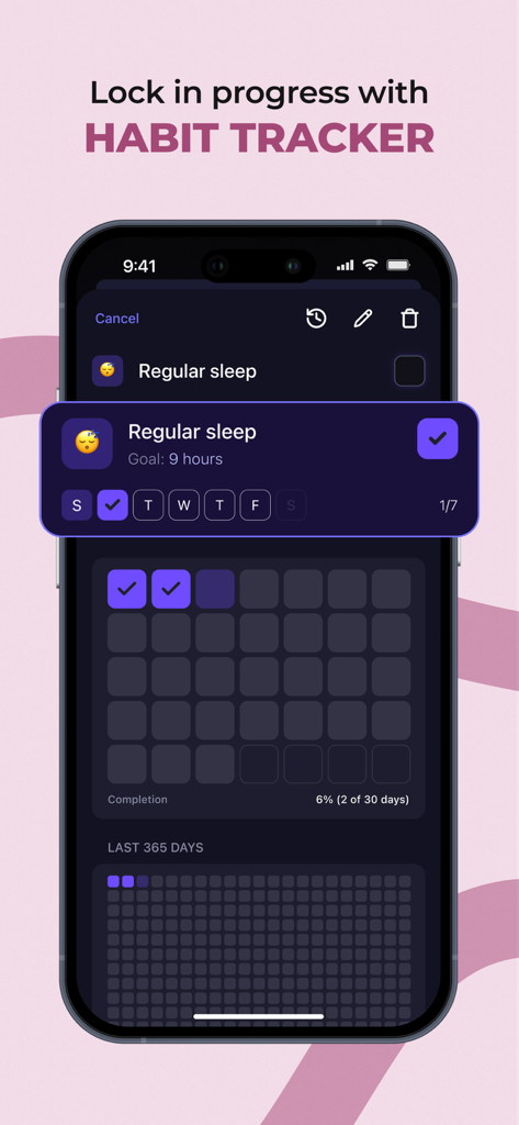 Wisey: Your Productive Self - Wisey app habit tracker interface showing a regular sleep goal and monthly progress grid