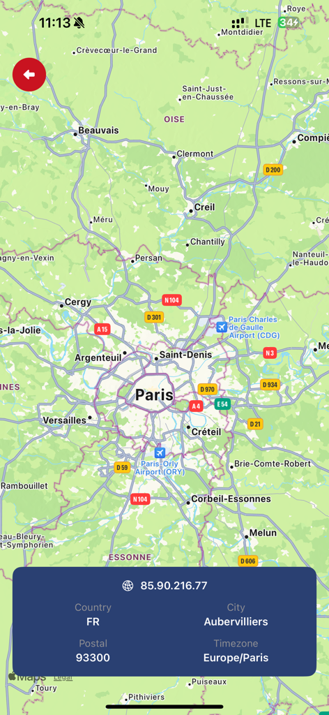 VPN France - Capture d'écran de l'application VPN France montrant une carte de Paris et les détails de l'adresse IP pour une connexion à un serveur français