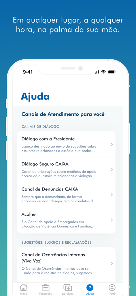 Sou CAIXA - Tela do aplicativo móvel Sou CAIXA mostrando a seção de ajuda com vários canais de suporte e comunicação ao funcionário