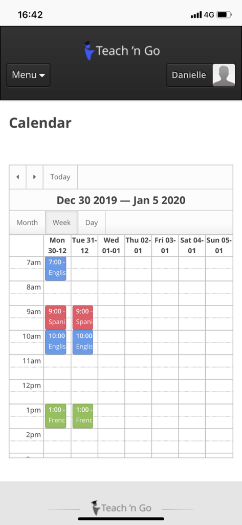 Teach 'n Go - Weekly calendar view in the Teach n Go app showing scheduled language lessons