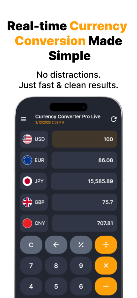 Currency Converter Pro Live - Currency Converter Pro Live app interface displaying real time exchange rates for USD EUR JPY GBP and CNY