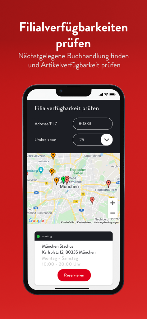Interfaccia dell'app Hugendubel che mostra le sedi delle librerie su una mappa di Monaco per verificare la disponibilità dei libri e prenotare articoli