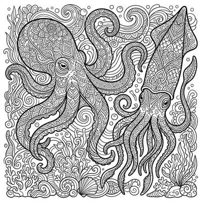 Unleash your creativity with this mesmerizing Zentangle Octopus and Squid coloring page. Immerse yourself in intricate patterns and bring these intelligent ocean creatures to life.
