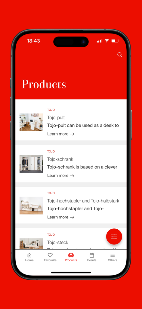Salone del Mobile.Milano - Salone del Mobile Milano app showing a catalog of designer furniture products including desks and shelving from the brand Tojo