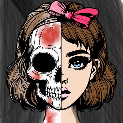 realistic girl with half skull mask