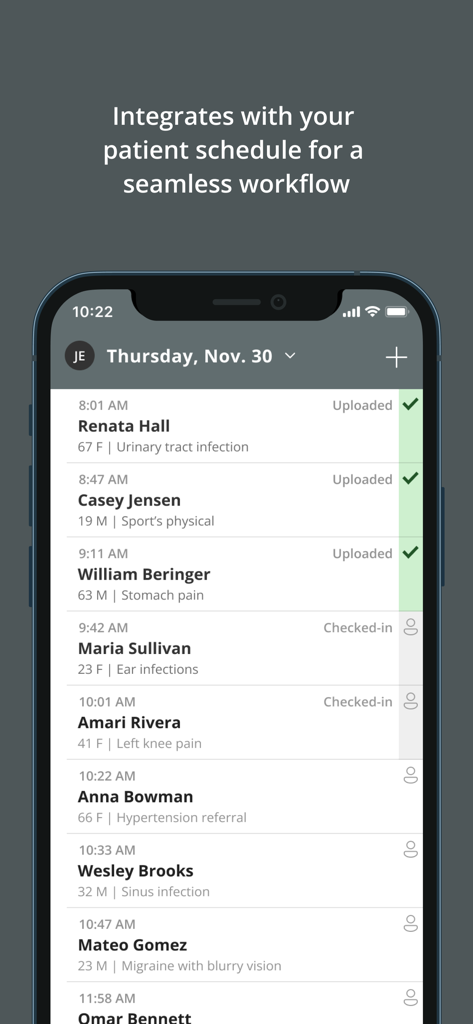 DAX 2023 app interface showing an integrated patient schedule with appointment times and statuses