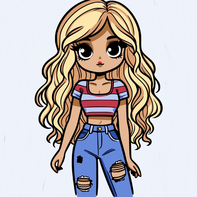 a girl with long wavy hair and has a crop top and ripped jeans on