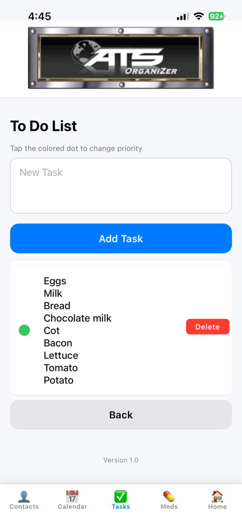 ats-organizer-app - To-do list interface in the ATS OrganiZer app displaying a grocery list with an add task button