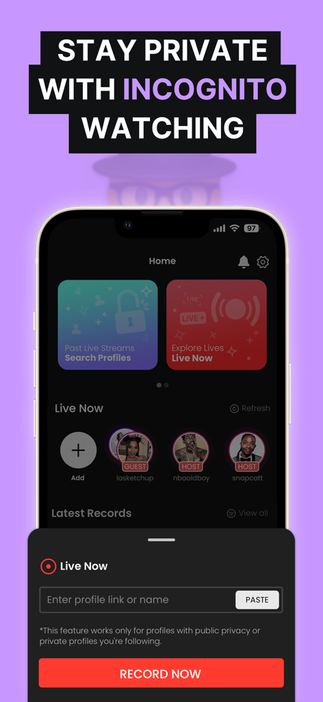 A mobile app interface displaying incognito mode for private live stream watching and recording