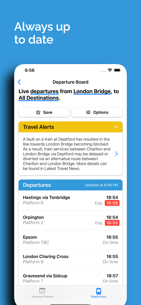 Live train departure board for London Bridge station showing travel alerts and real time platform updates