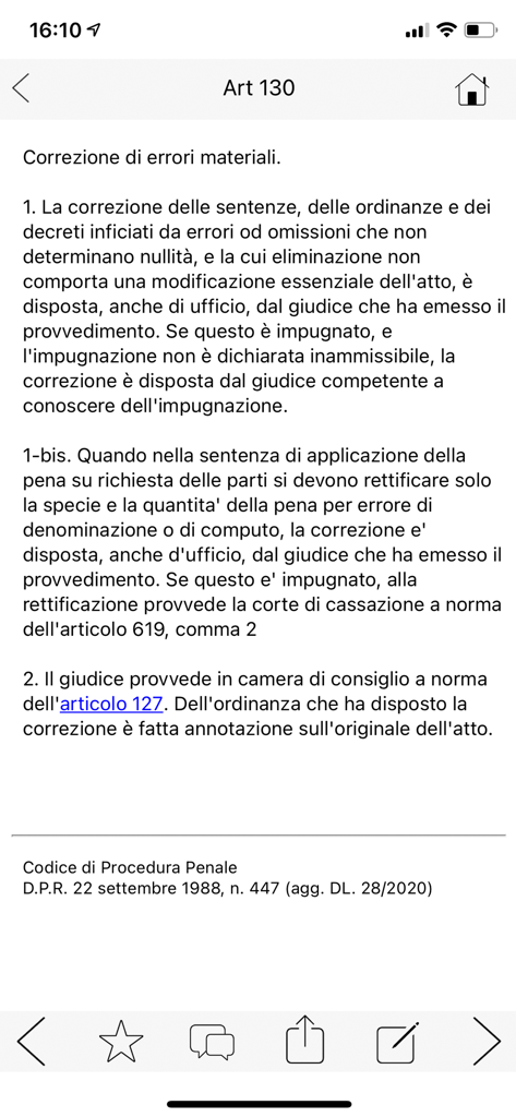 Artikel 130 der italienischen Strafprozessordnung, angezeigt in der Benutzeroberfläche der Civile-App