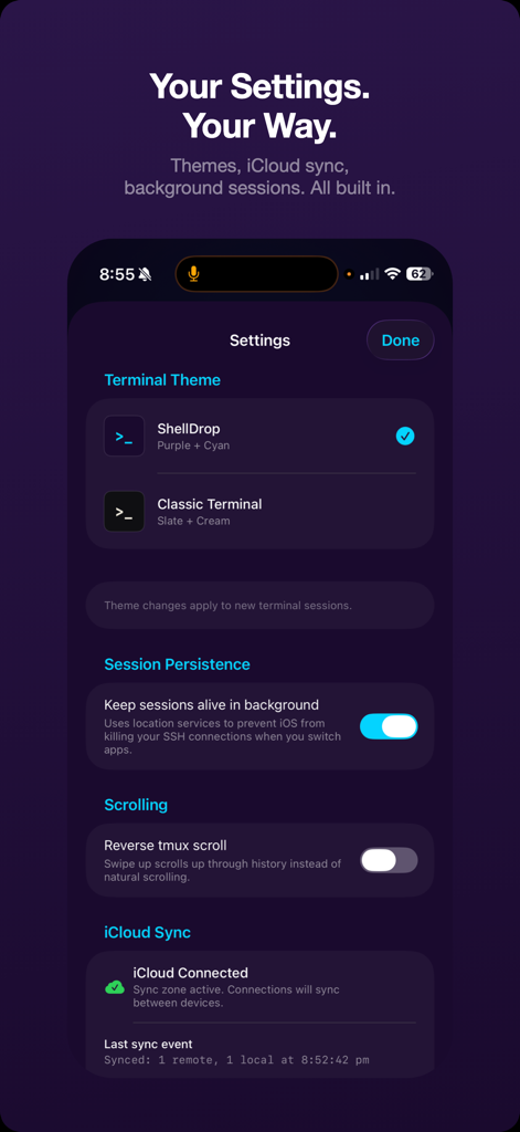 Shell Drop - Shell Drop settings screen showing options for terminal themes, background session persistence, and iCloud sync.