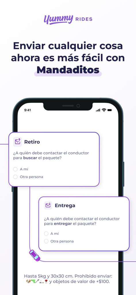 Yummy Rides - Viaja y Conduce - Yummy Rides Mandaditos delivery screen showing pickup and delivery contact options for packages.