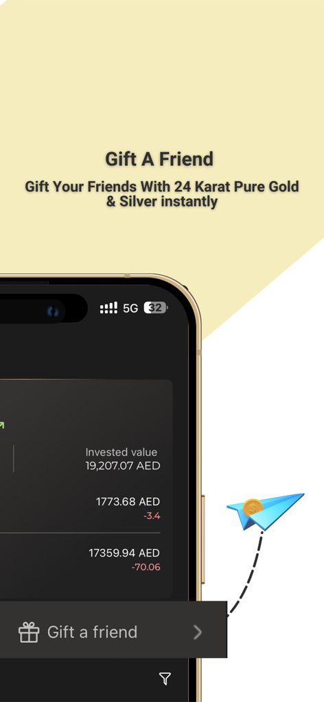 Interfaz de la aplicación OGold Wallet que muestra la función Regalar a un Amigo para enviar instantáneamente oro y plata puros de 24 quilates.