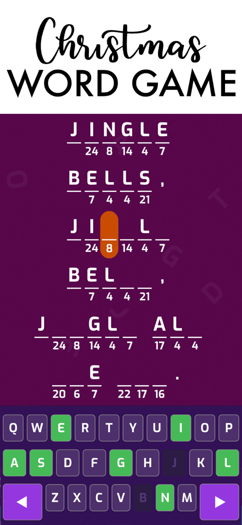 Christmas Games. - Christmas song quiz puzzle game showing Jingle Bells lyrics
