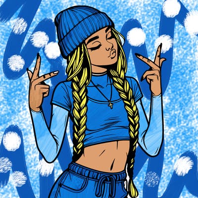 realistic teenage girl with braids and a beanie and crop top doing 🫶🏼