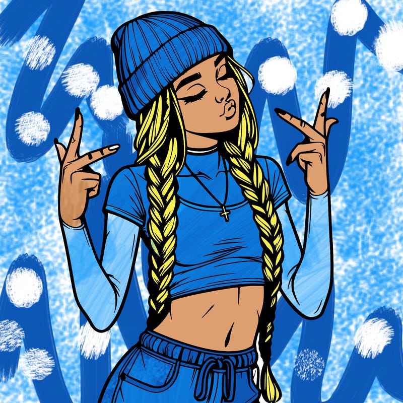 realistic teenage girl with braids and a beanie and crop top doing 🫶🏼