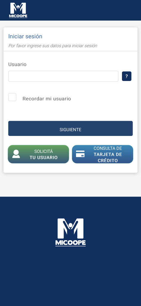 Micoope en Linea - Pantalla de inicio de sesión de la aplicación Micoope en Linea en español con campo de nombre de usuario y opciones de inicio de sesión