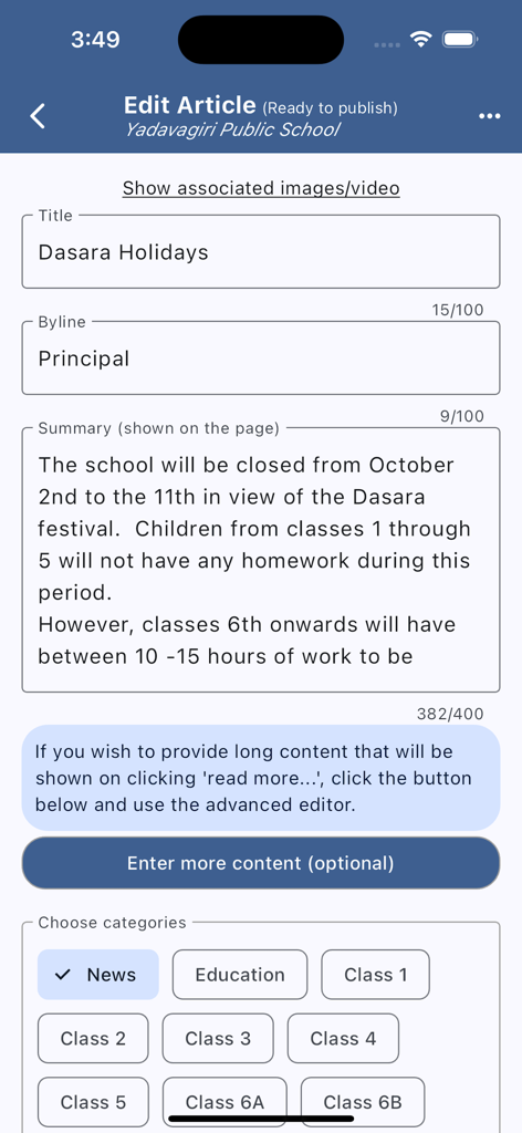 Tikker News - Interface do aplicativo Tikker News mostrando a tela de edição de artigo com campos para título, linha de autoria e seleção de categoria.