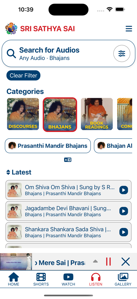 Prasanthi Connect - Prasanthi Connect app screen displaying spiritual audio categories and latest bhajans