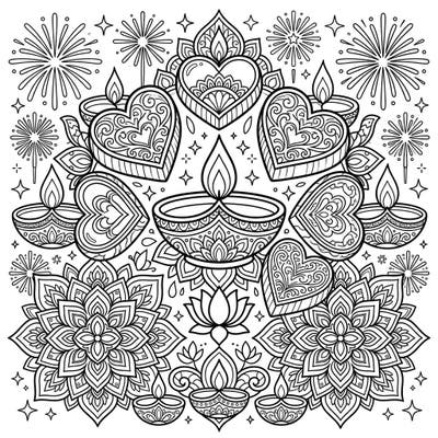 Discover a unique blend of sweetness and light with this delightful Diwali coloring page, featuring beautifully adorned chocolate hearts. Immerse yourself in the festive spirit, perfect for all ages to enjoy creative expression.