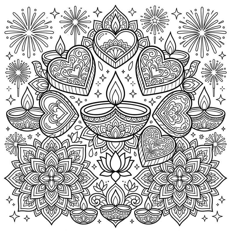 Discover a unique blend of sweetness and light with this delightful Diwali coloring page, featuring beautifully adorned chocolate hearts. Immerse yourself in the festive spirit, perfect for all ages to enjoy creative expression.
