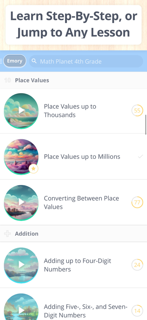 자릿값과 덧셈 수업 목록을 보여주는 4학년 수학 앱 스크린샷