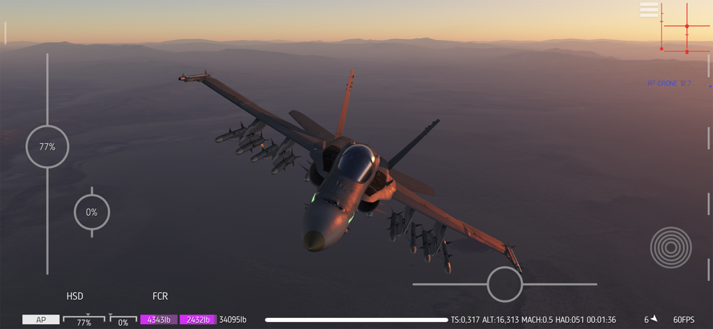 Fighter jet flying at sunset in Carrier Landing HD flight simulator